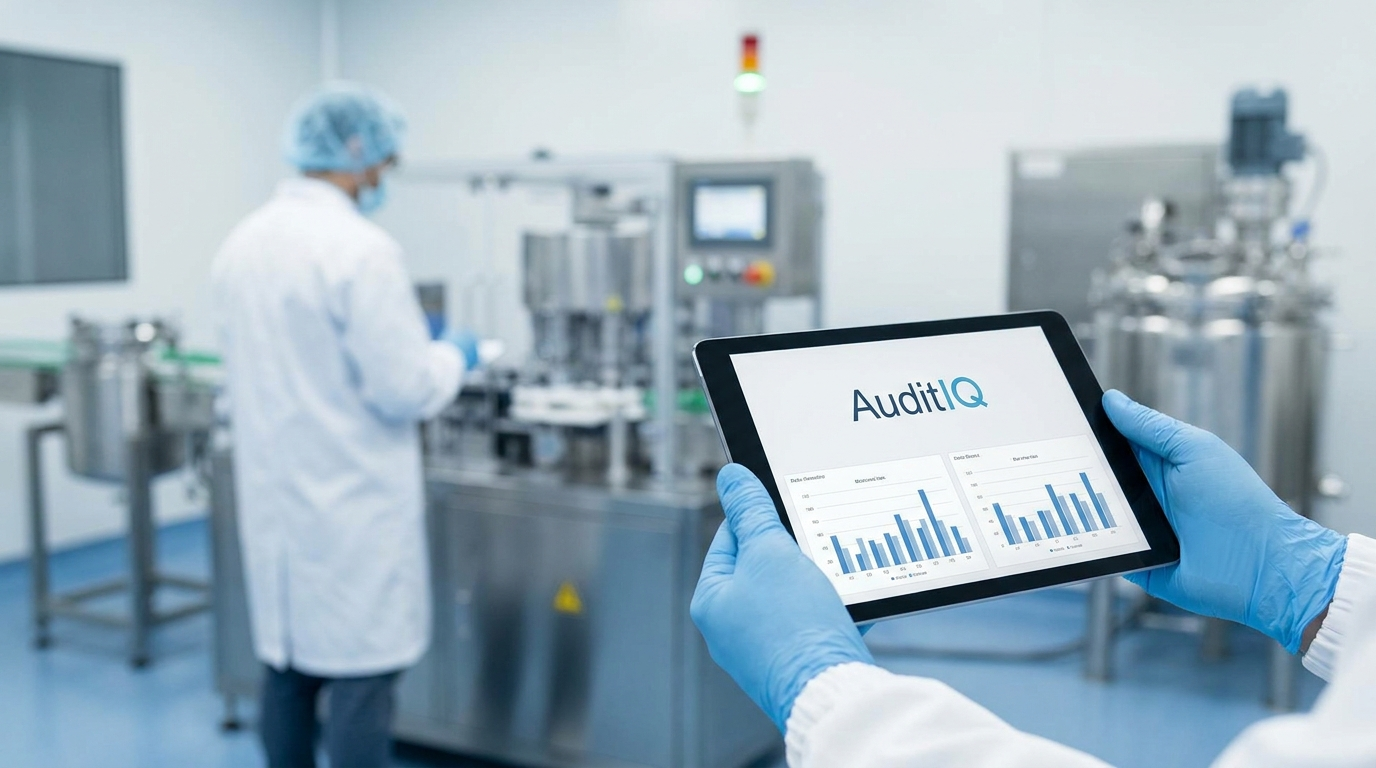 AuditIQ dashboard reviewed on a tablet inside a pharmaceutical production facility